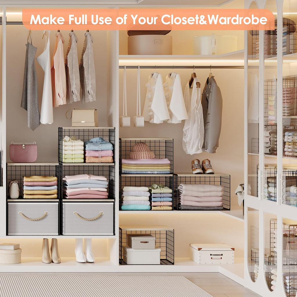 5-Tier Large Stackable Closet Organizer and Storage Basket, Sturdy Closet Shelf Organizer with Wood Top, Stackable Storage Bins Cubes for Clothes with Adjustable Shelf for Wardrobe Organization