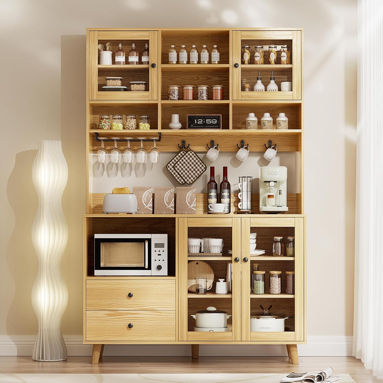 VOWNER Kitchen Hutch Storage Cabinet Microwave Shelf, Freestanding Pantry with 4 Glass Doors and 2 Drawers, Modern Sideboard Buffet Cabinet for Kitchen, Dining Room, Living Room, Wood