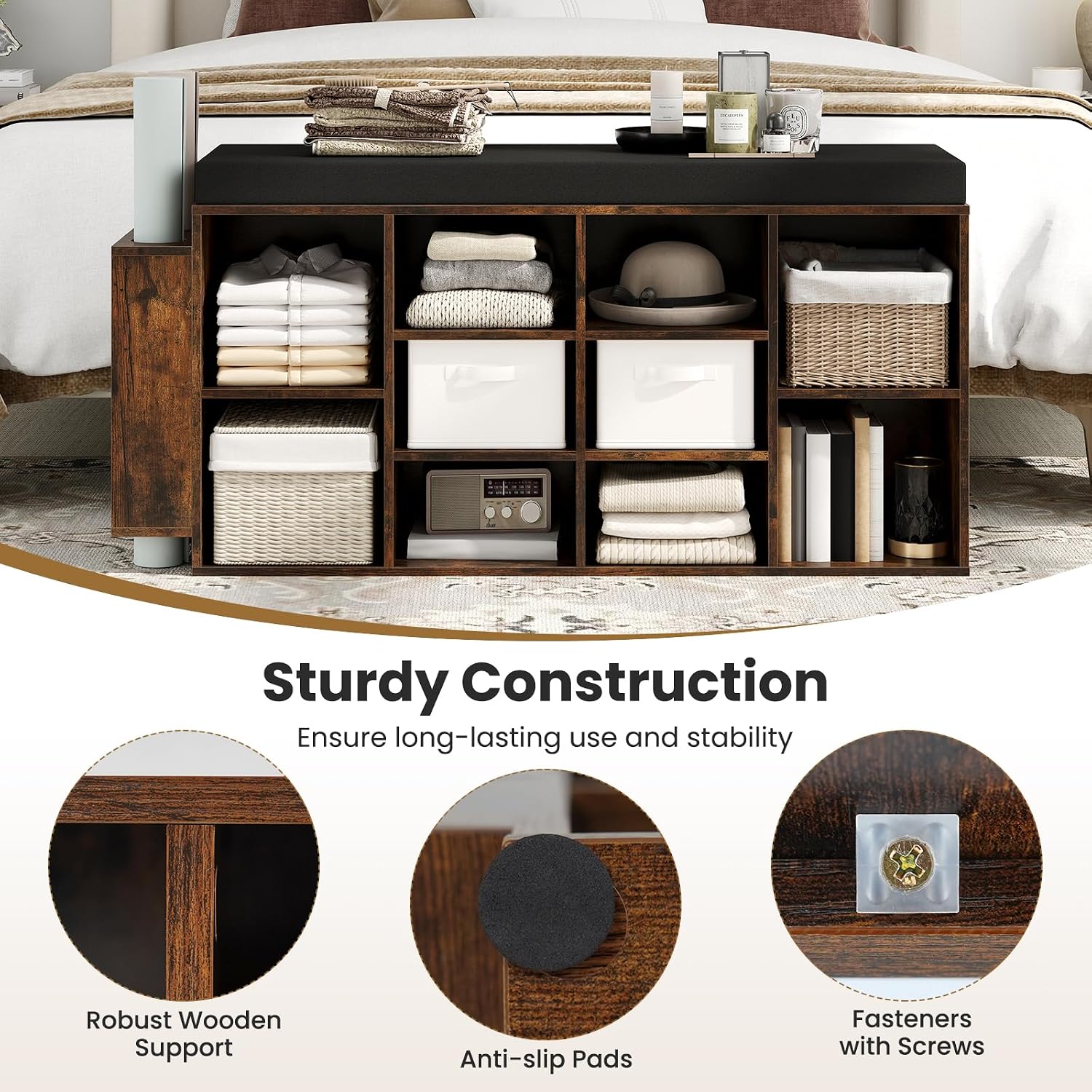 Giantex Shoe Storage Bench with Umbrella Stand, 10-Cubby Entryway Shoe Rack Organizer with Padded Seat, Adjustable & Removable Shelves for Hallway, Living Room & Bedroom (Rustic Brown)