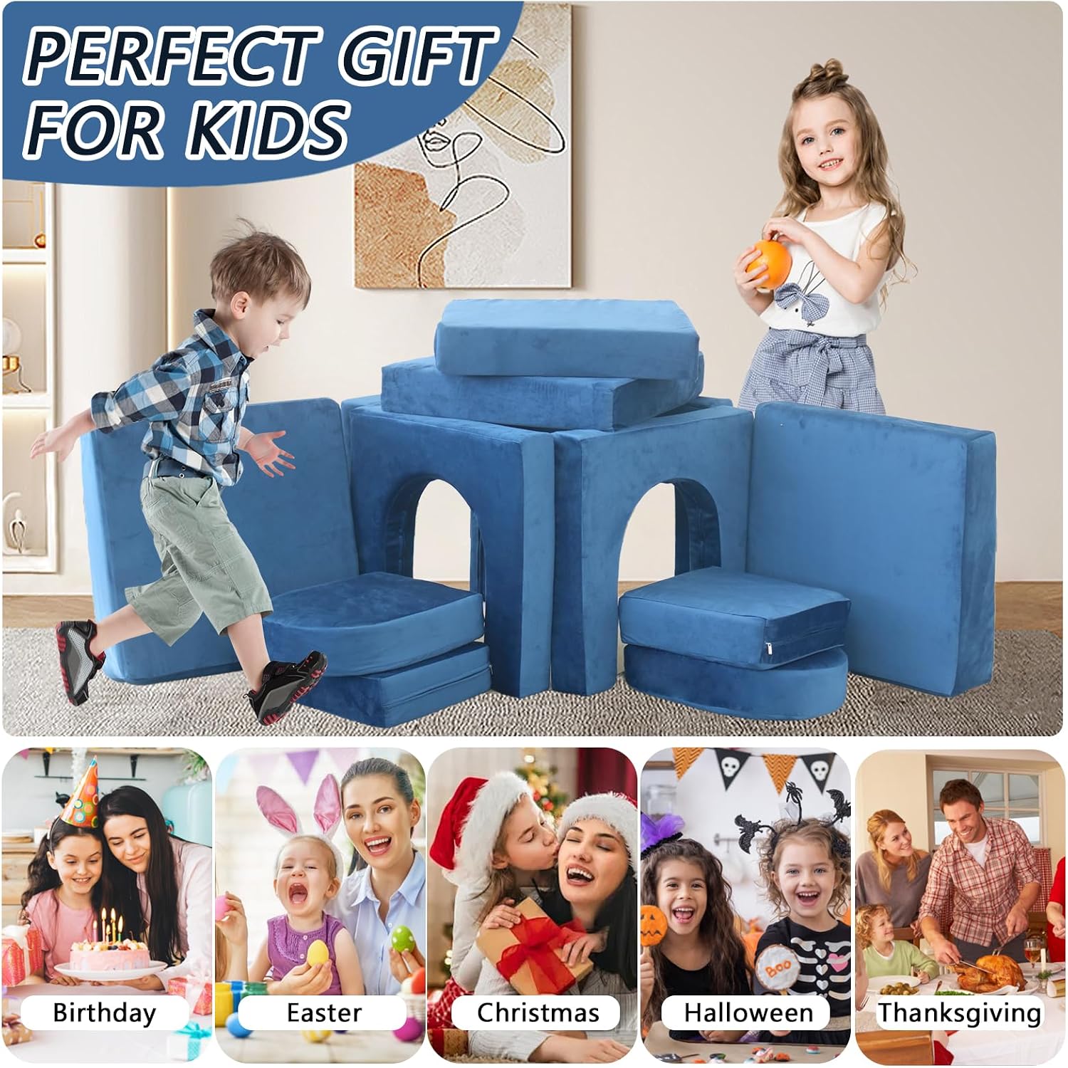 12pcs Modular Kids Play Couch,Kids Couch Building Fort Toddler Modular Sectional Sofa,DIY Creativing Convertible Foam Play Couch for Playroom Bedroom Furniture(Dark Blue,12PACK)