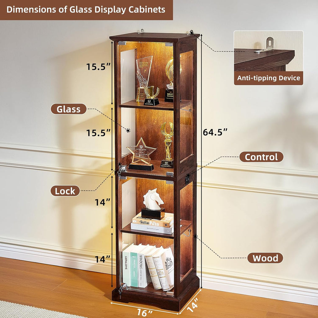 LELELINKY Farmhouse Narrow Glass Display Cabinet with Doors | Wooden Curio Cabinets with 3 Color Motion-Sensor Light & Lock, Walnut