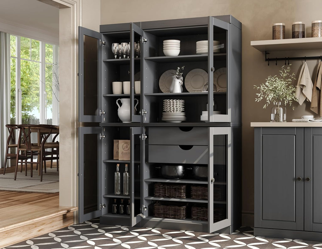 Palace Imports 100% Solid Wood 48.5" Pantry China Cabinet with Clear Glass Doors, 2-Drawers and Adjustable Shelves (Gray)
