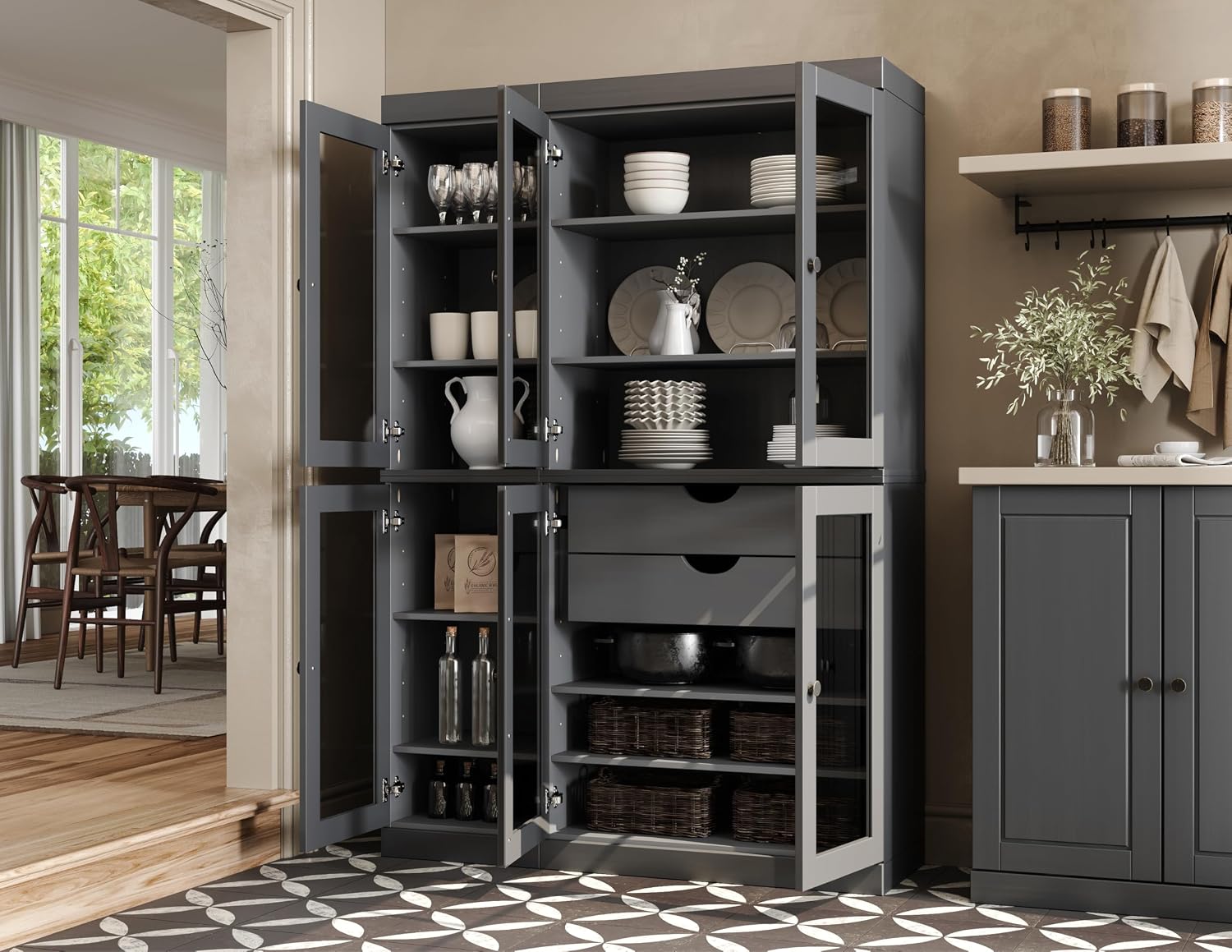 Palace Imports 100% Solid Wood 48.5" Pantry China Cabinet with Clear Glass Doors, 2-Drawers and Adjustable Shelves (Gray)