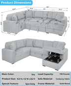 122" Oversized Sectional Sleeper Sofa with PullOut Bed - Gifts for Men Women,U Shape Sectional Couch with Storage Chaise Lounge for Apartment,6 Seat Corduroy Sofa with USB Port-Gray