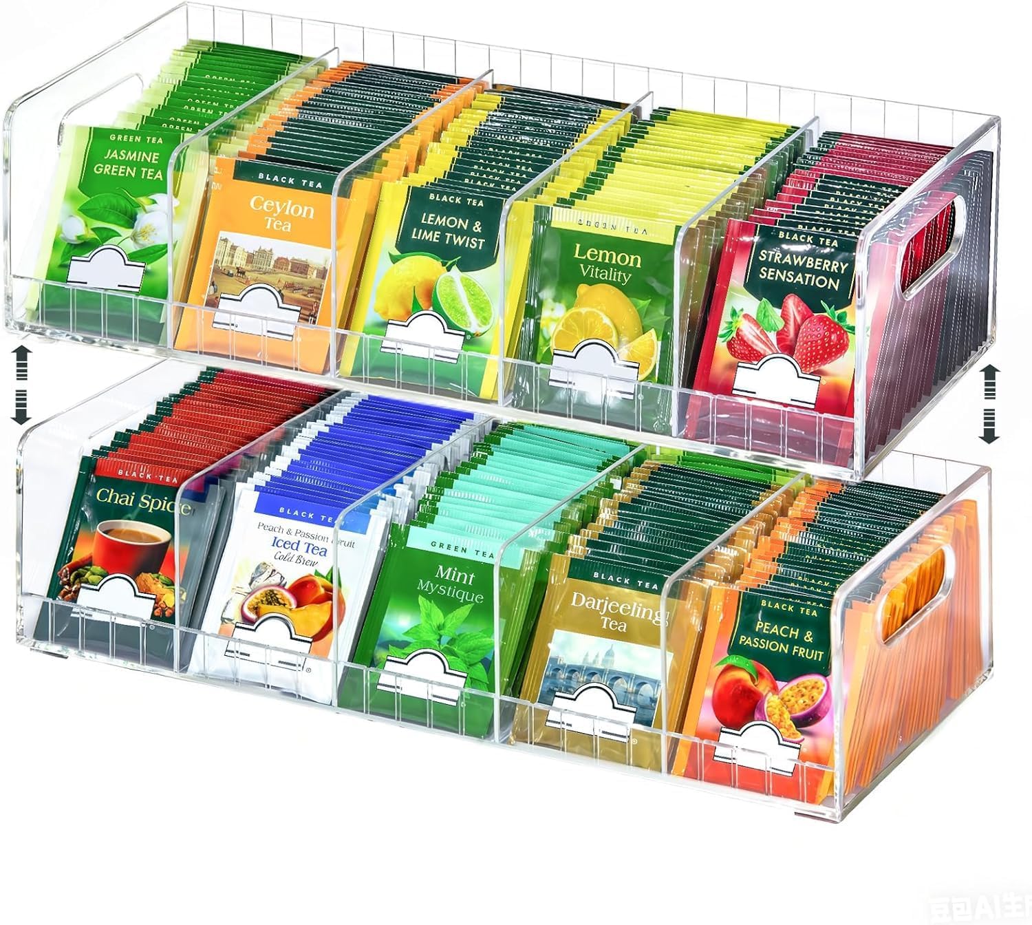 Acrylic Tea Bag Organizer with Adjustable Dividers, 2 Tier Tea Bag Holder Stackable & Wall Mount Storage Box, Custom Compartments Fit All Size Tea Bags for Drawer, Cabinet, Countertop Organization