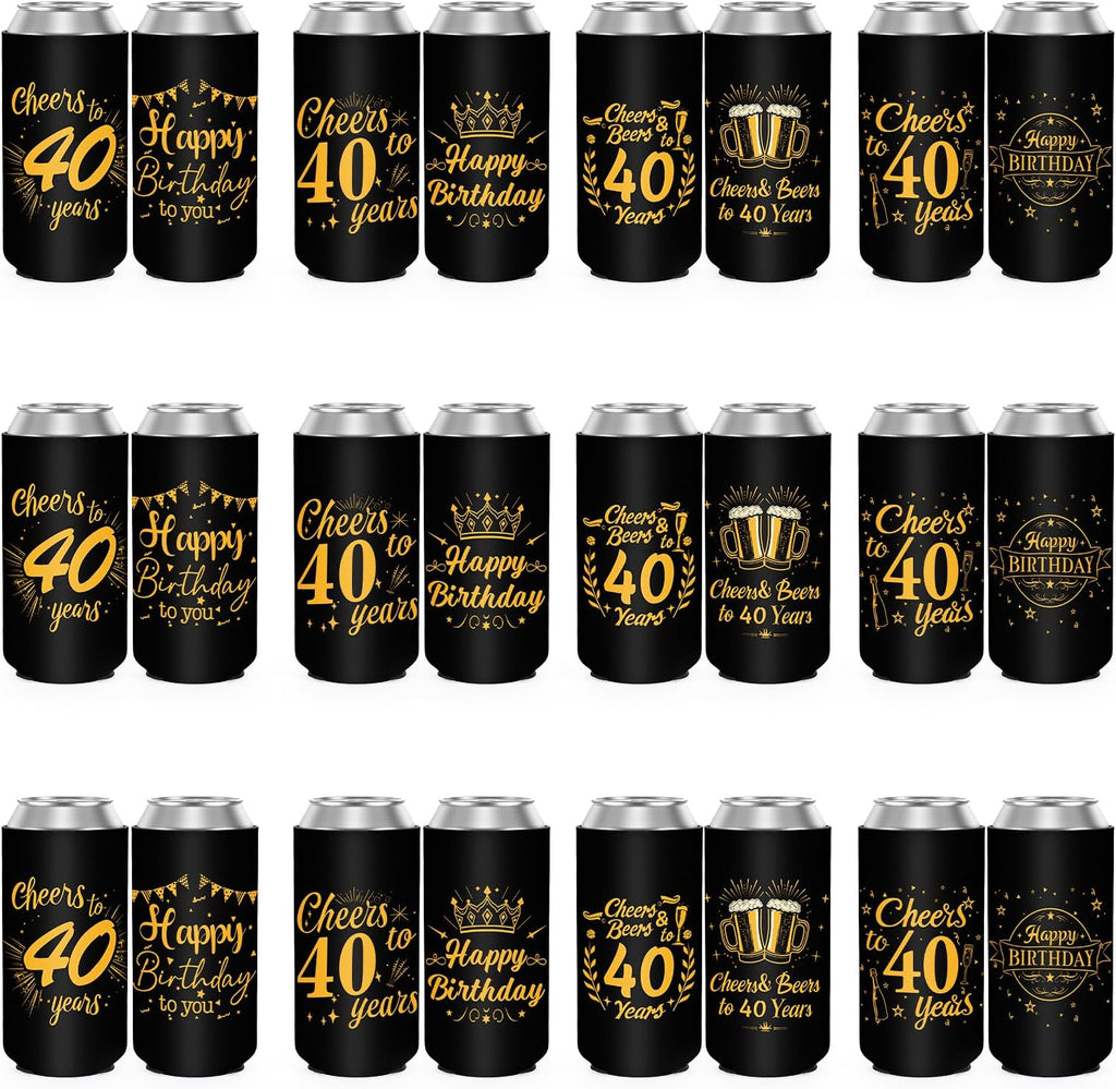 40th Birthday Party Decorations Slim Can Cooler Sleeves, Neoprene Can Sleeves for 12 oz Cans & Bottles, 12 Pack Black and Gold 40th Birthday Gift for Men & Women, 4 Design