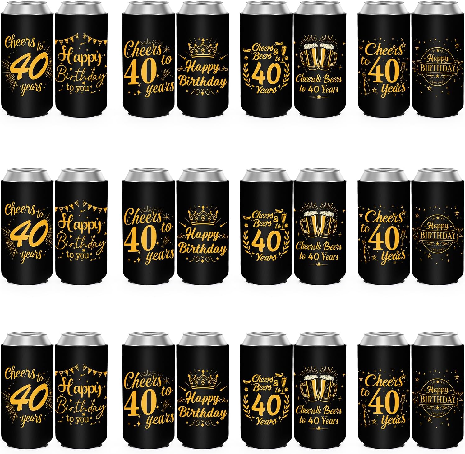 40th Birthday Party Decorations Slim Can Cooler Sleeves, Neoprene Can Sleeves for 12 oz Cans & Bottles, 12 Pack Black and Gold 40th Birthday Gift for Men & Women, 4 Design
