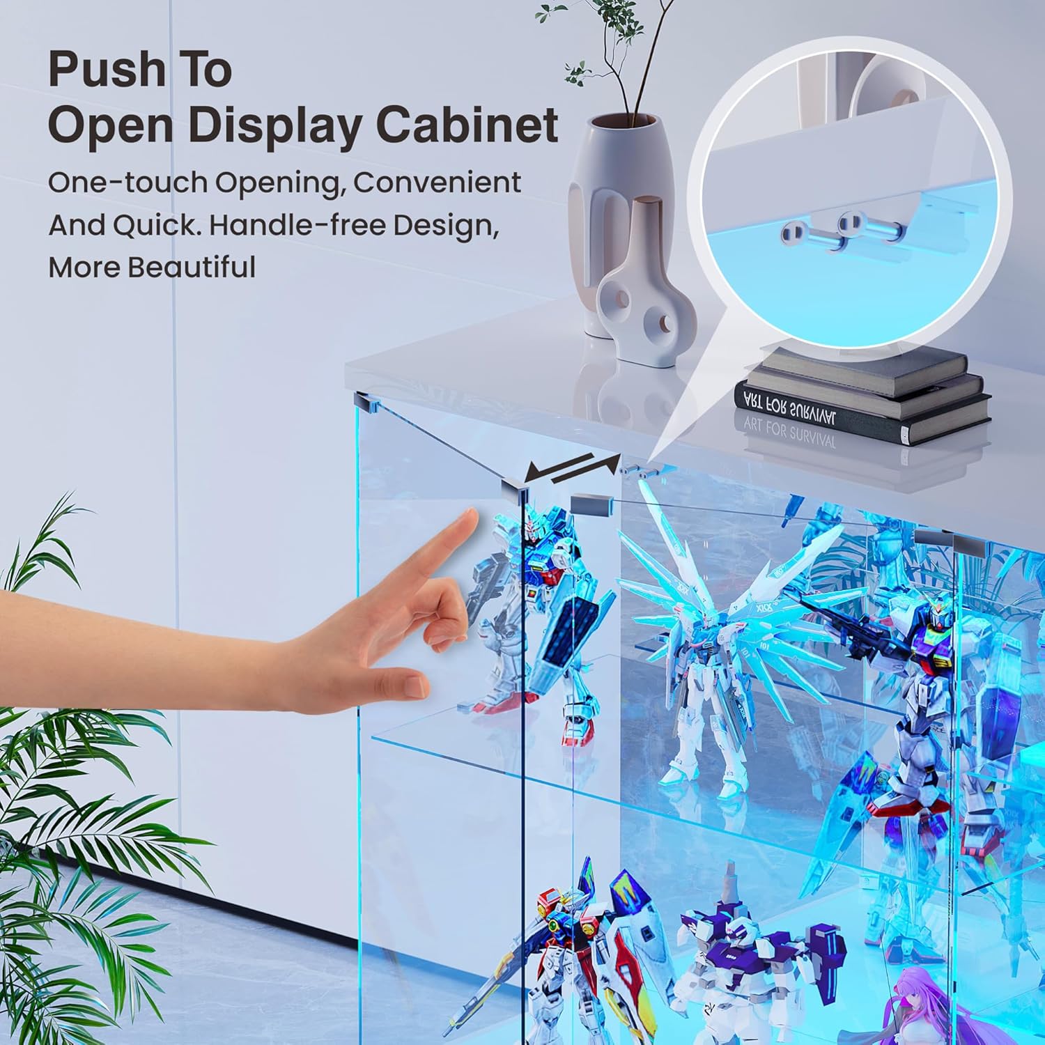 Lvifur RGB Glass Display Cabinet - with Lock, High Gloss Curio Cabinet Sideboard with Human Body Sensor & Glass Shelves for Toys, Books, Collectibles, Bookcase for Living Room, Kitchen, Study, White