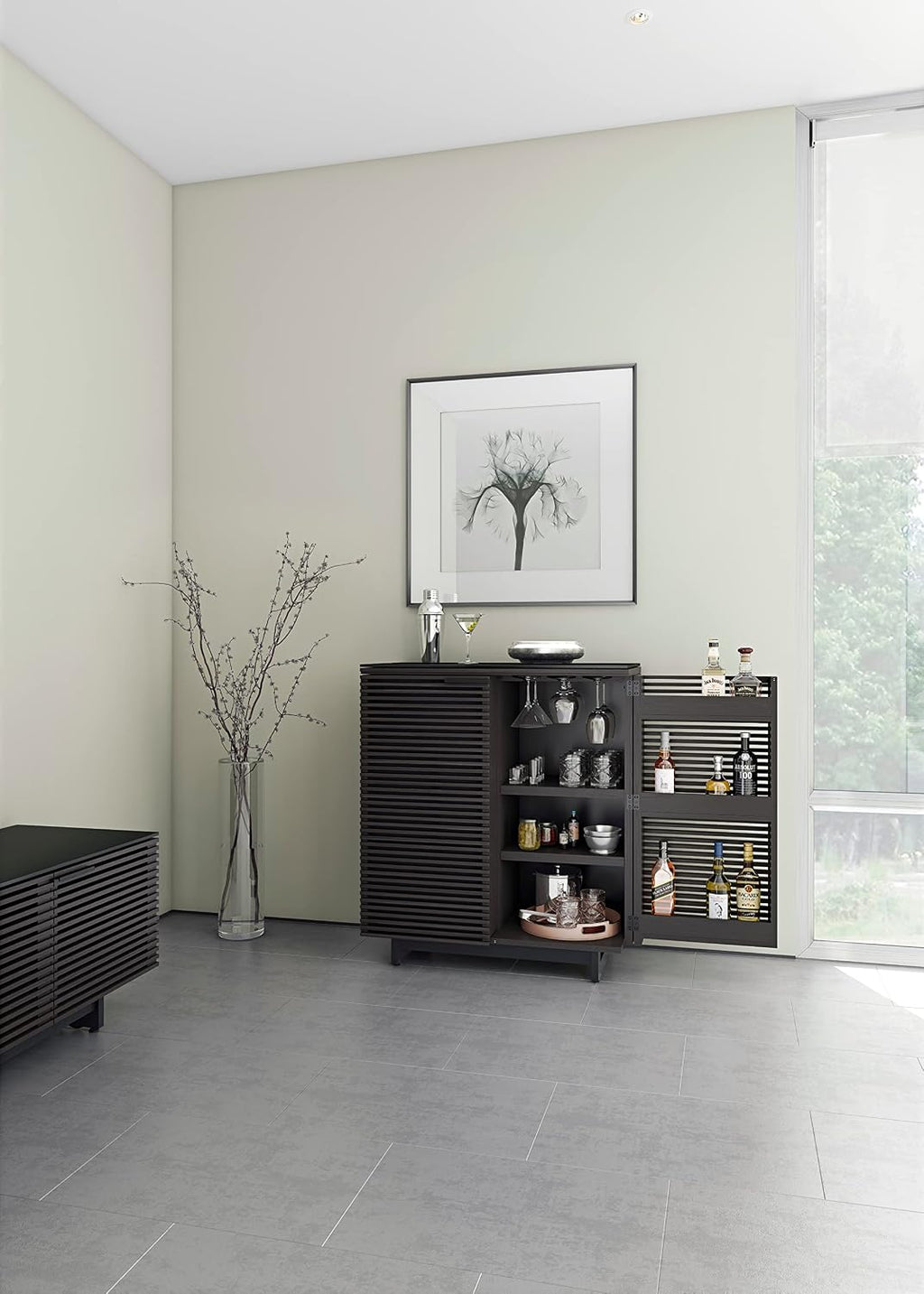 BDI Furniture Corridor 5620-36'' Bar Cabinet with Louvered Doors, Wine and Bottle Storage, Adjustable Shelf, Storage Drawer, Stemware Rack and Glass Top, Charcoal Stained Ash