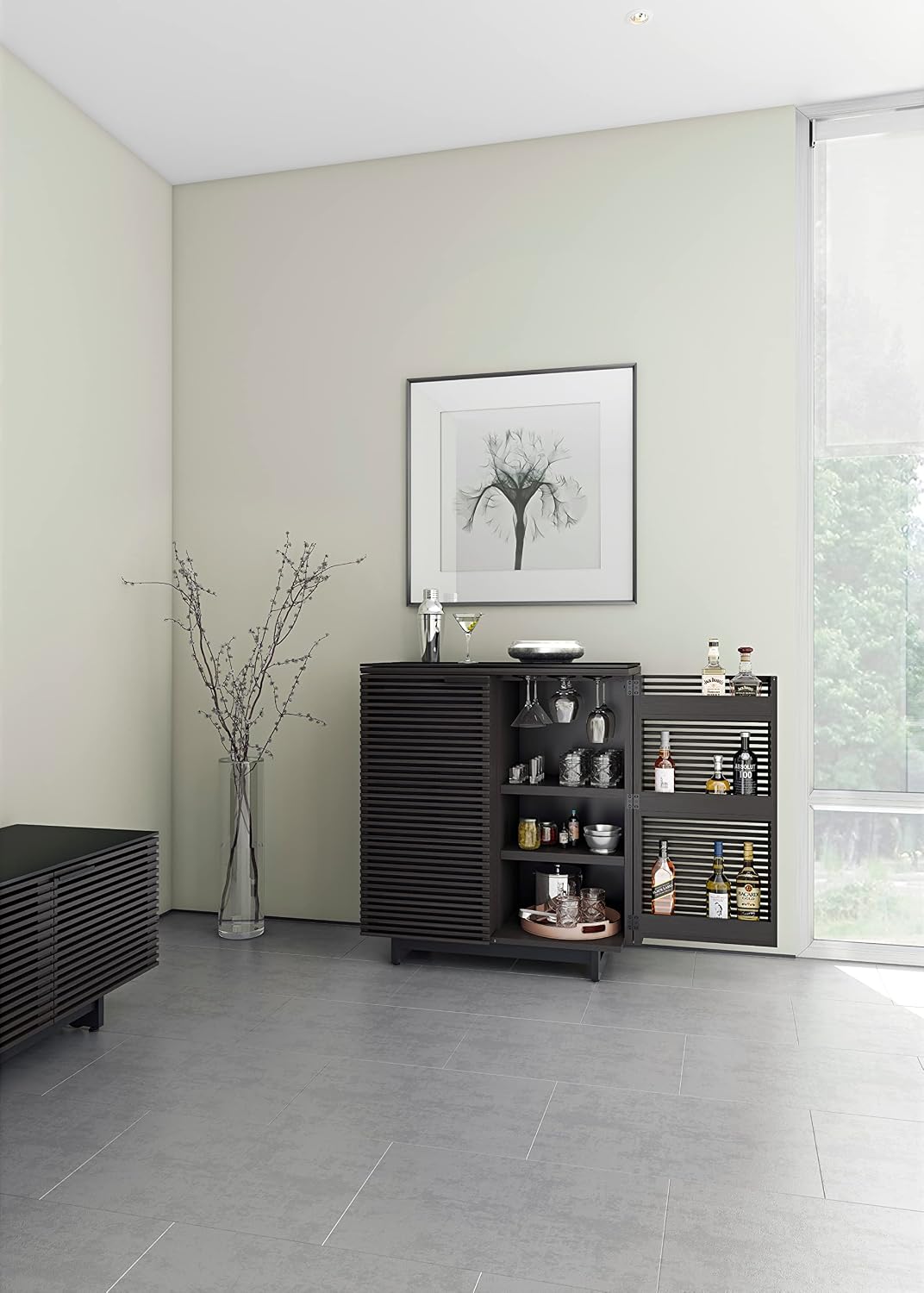 BDI Furniture Corridor 5620-36'' Bar Cabinet with Louvered Doors, Wine and Bottle Storage, Adjustable Shelf, Storage Drawer, Stemware Rack and Glass Top, Charcoal Stained Ash