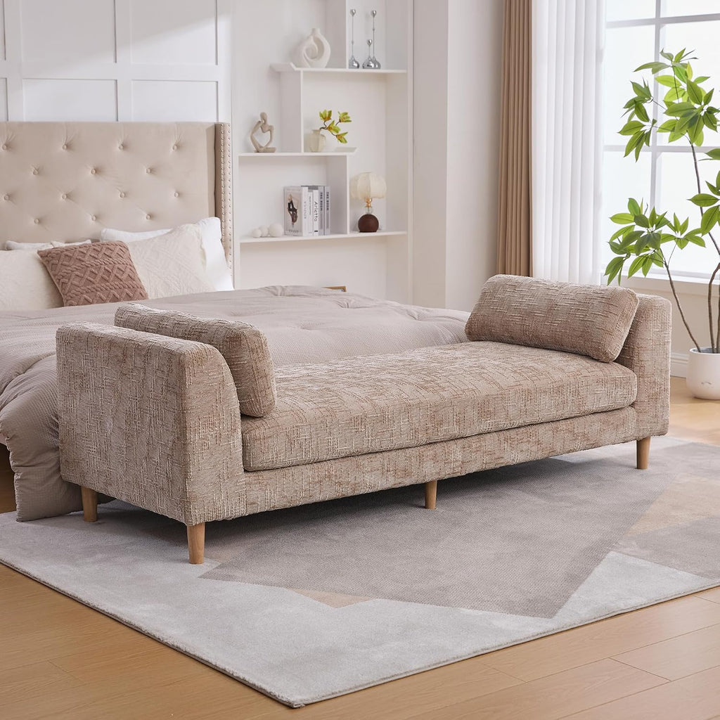 mikibama 83.1" Extra Long Ottoman Bench for Bedroom,Oversized Chenille Upholstered Chaise Lounge Sofa Benches,Modern End of Bed Bench with Arms,Lounger Daybed Couch with Pillows (Wheat)