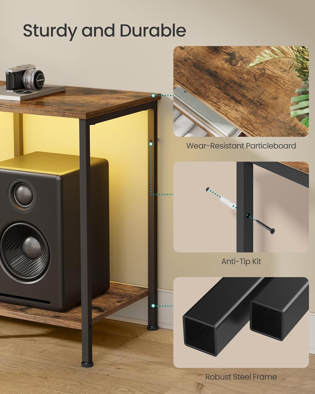 SONGMICS BELLAH Collection - TV Stand with Power Outlets and Lights, Entertainment Center Media Console for TVs Up to 70 Inches, Living Room, Shelves, Drawers, Industrial, Rustic Brown ULGS420K101S
