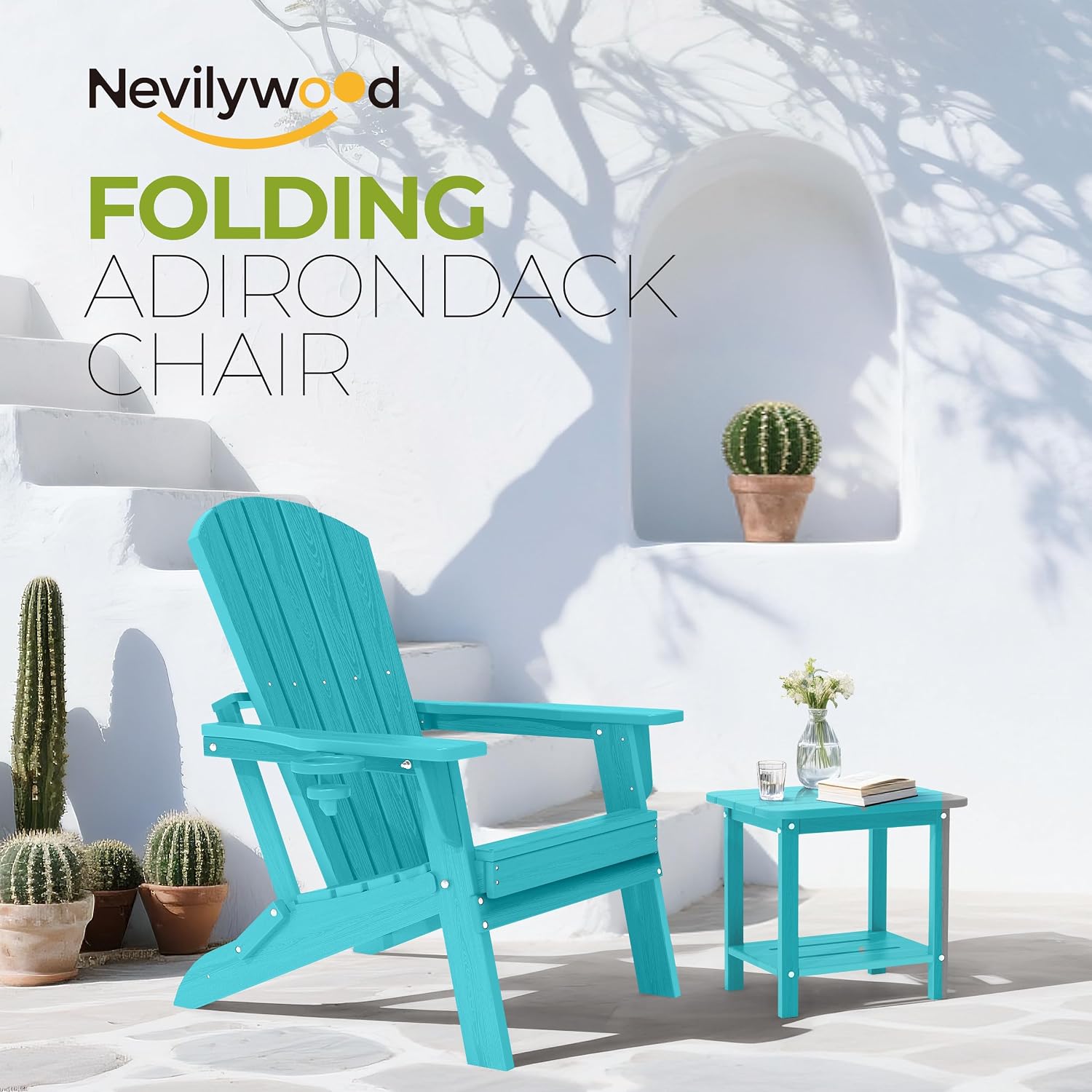 nevilywood HDPE Foldable Adirondack Chairs Set of 2, Waterproof All-Weather Outdoor Design, for Fire Pit, Patio & Beach, Aruba