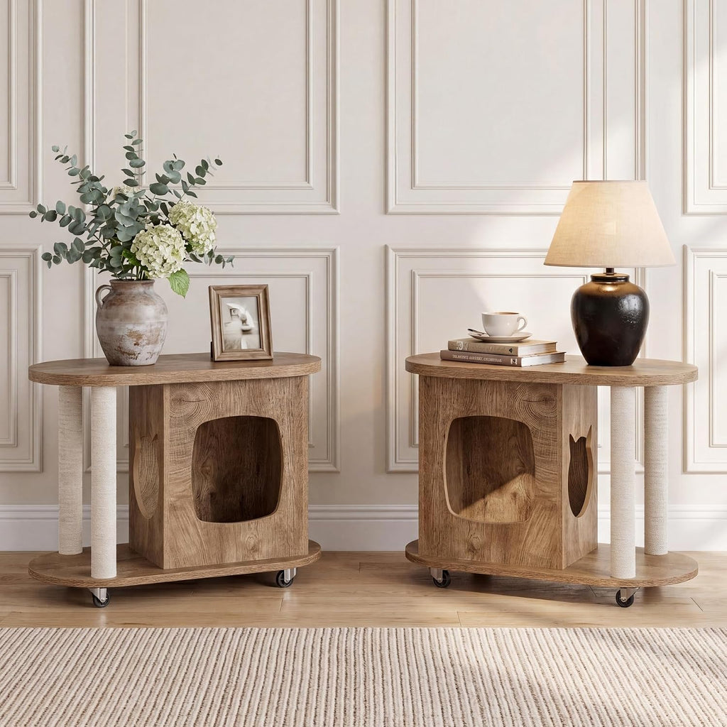 Tribesigns End Table, Sofa Side Table with Scratching Posts and Cat Bed | Oval, 360° Swivel Caster Wheels, Multifunctional Design, for Bedroom Living Room, White and Brown