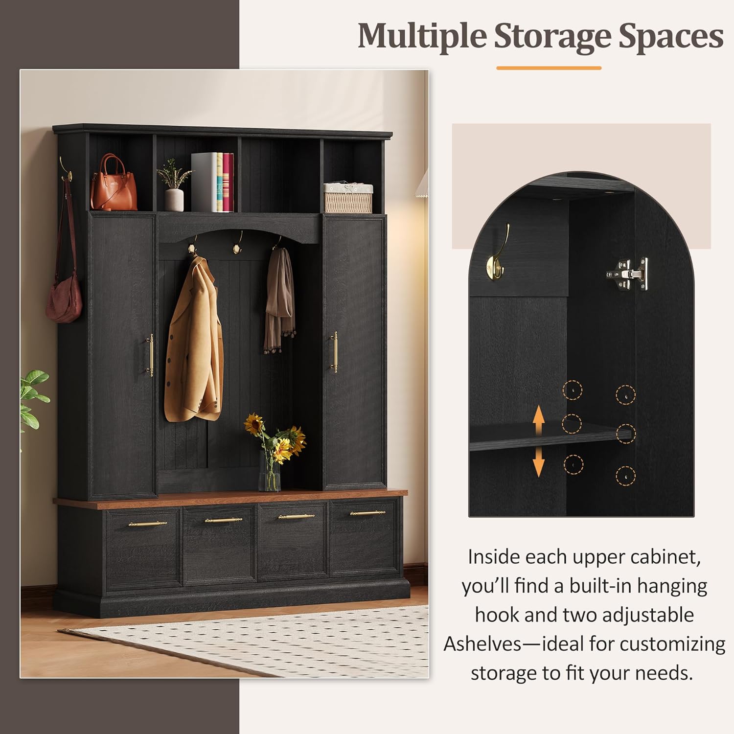 Merax 59" Farmhouse Hall Tree with Golden Hooks & Walnut Bench, Entryway Organizer with Adjustable Shelves, Shoe Storage, Anti-Tip for Mudroom, Living Room, Black