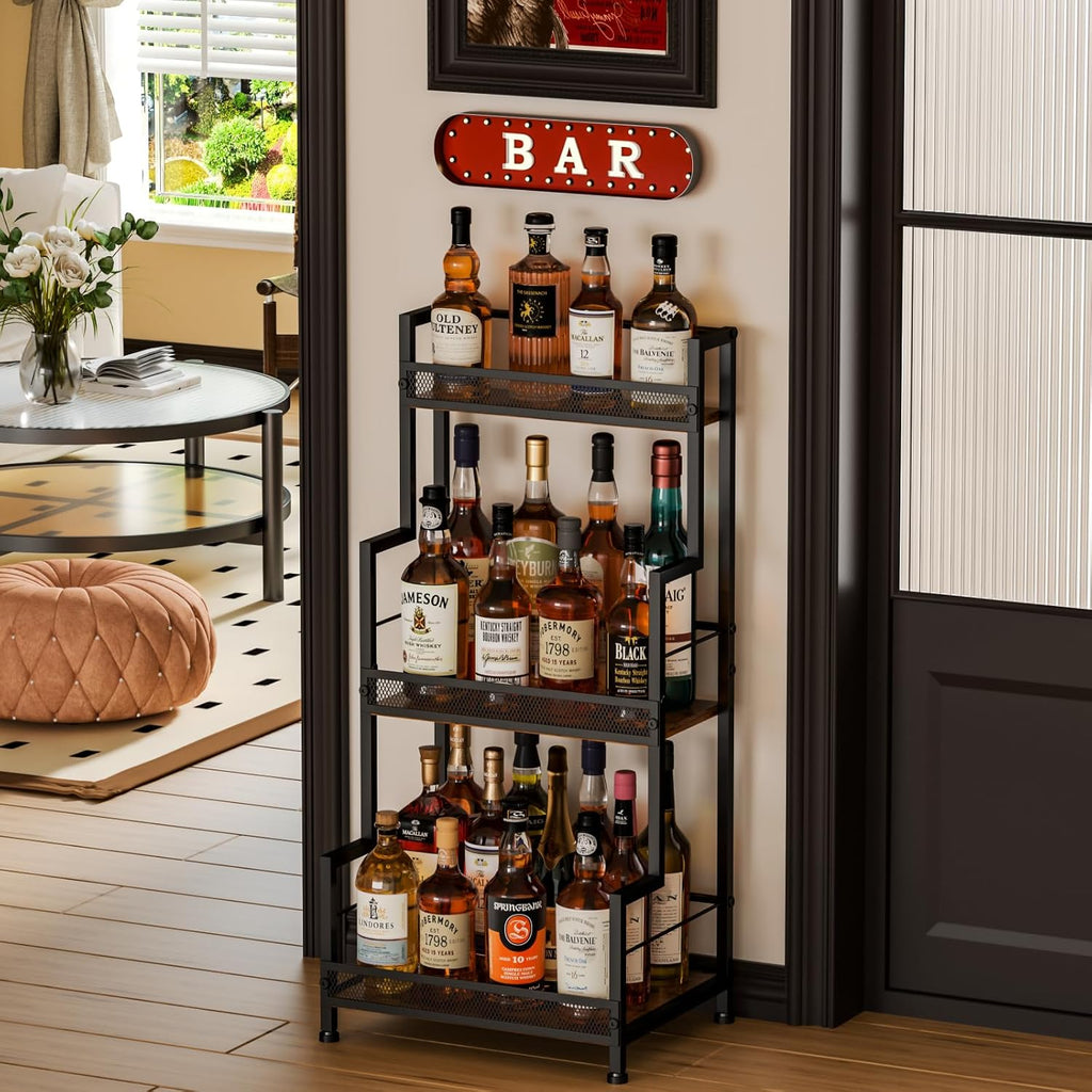 Trapezoid Liquor Stand, 3 Tier Liquor Cabinet, Wine Bottle Display Shelf for Home Bar, Mini Corner Liquor Bottle Display Stand for Whiskey, Wine, Stepped Wine Rack Freestanding Floor