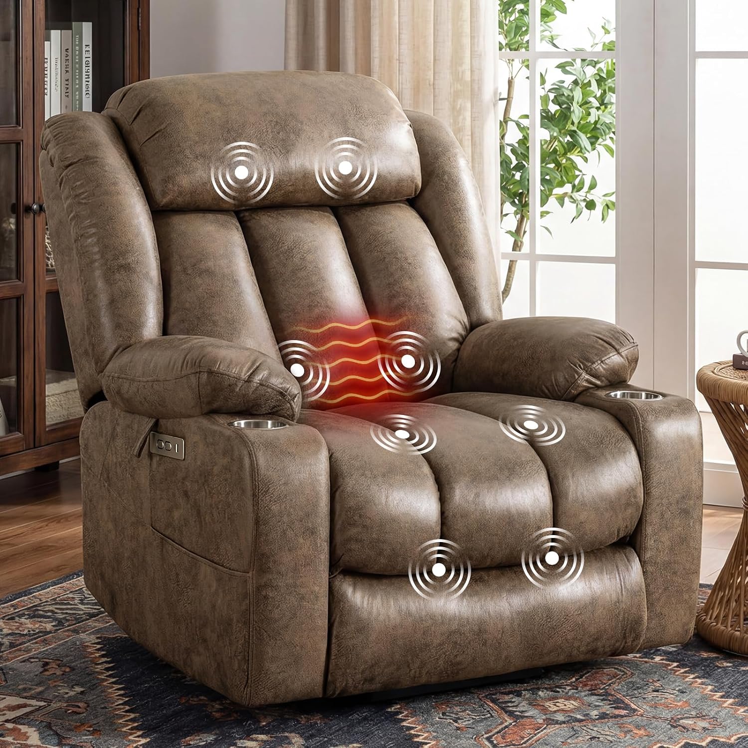 Oversized Power Lift Recliner Chair for Elderly, Big and Tall with Massage and Heating, Breathable Faux Leather with Metal Cup Holders, USB A&C Ports, Light Brown