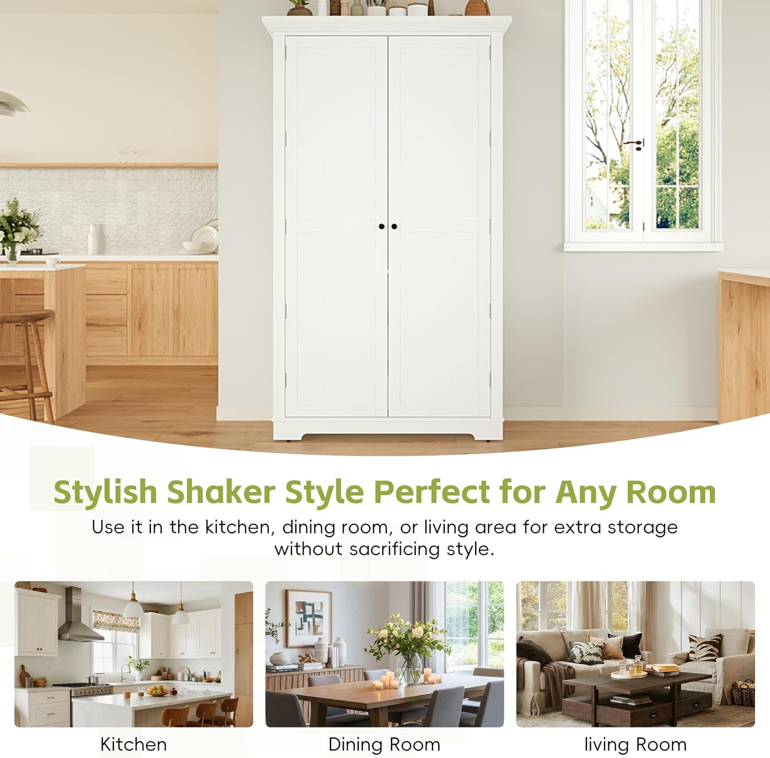 Merax 72" Tall Shaker Style Kitchen Pantry with 3 Drawers, Adjustable Shelves, Wood Cupboard Dining Storage Cabinet with Door Shelves and Pull-Out Trays for Living Room, Kitchen, Dining Room White