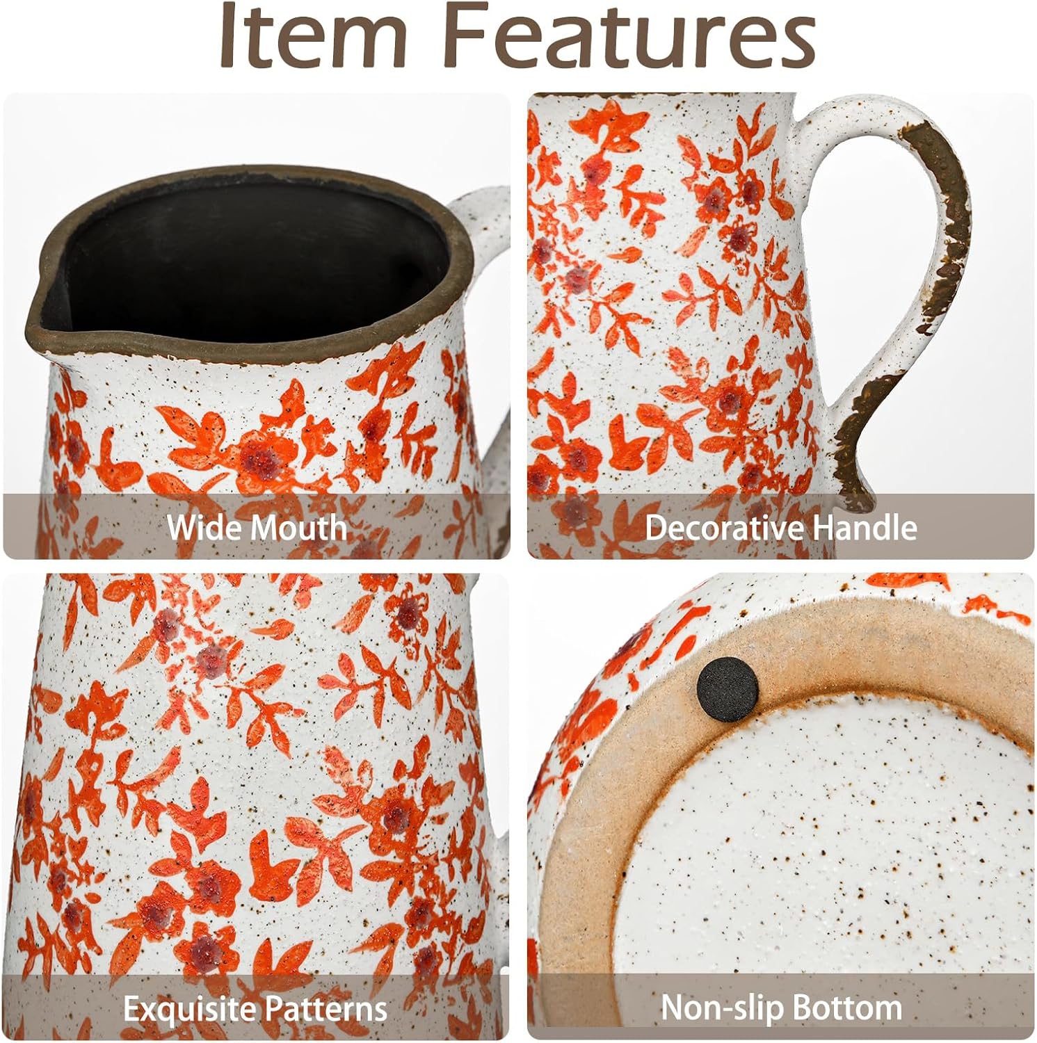 Ceramic Rustic Farmhouse Vase, 7.9" Orange Red and White Vase for Centerpieces Chinoiserie Vases Pottery Jug with Handle Chinoiserie French Country Decor Vintage Vases for Kitchen Dinner Table