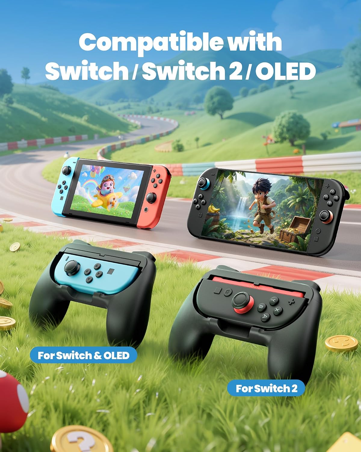 Controller Grip Compatible with Switch 2/Switch/Joy-Con 1&2, Ergonomic Grips Handle Kit with Adapters, Comfortable for Long-Time Gaming Accessories, Ideal Gifts for Family Kids Adults
