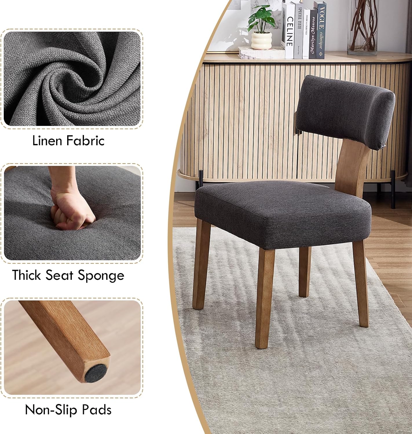 Upholstered Dining Chairs Set of 6, Mid-Century Modern Dining Chairs with Wood Legs, Linen Fabric Farmhouse Kitchen Chairs Armless, Comfy Side Chairs for Living Room/Kitchen, Grey