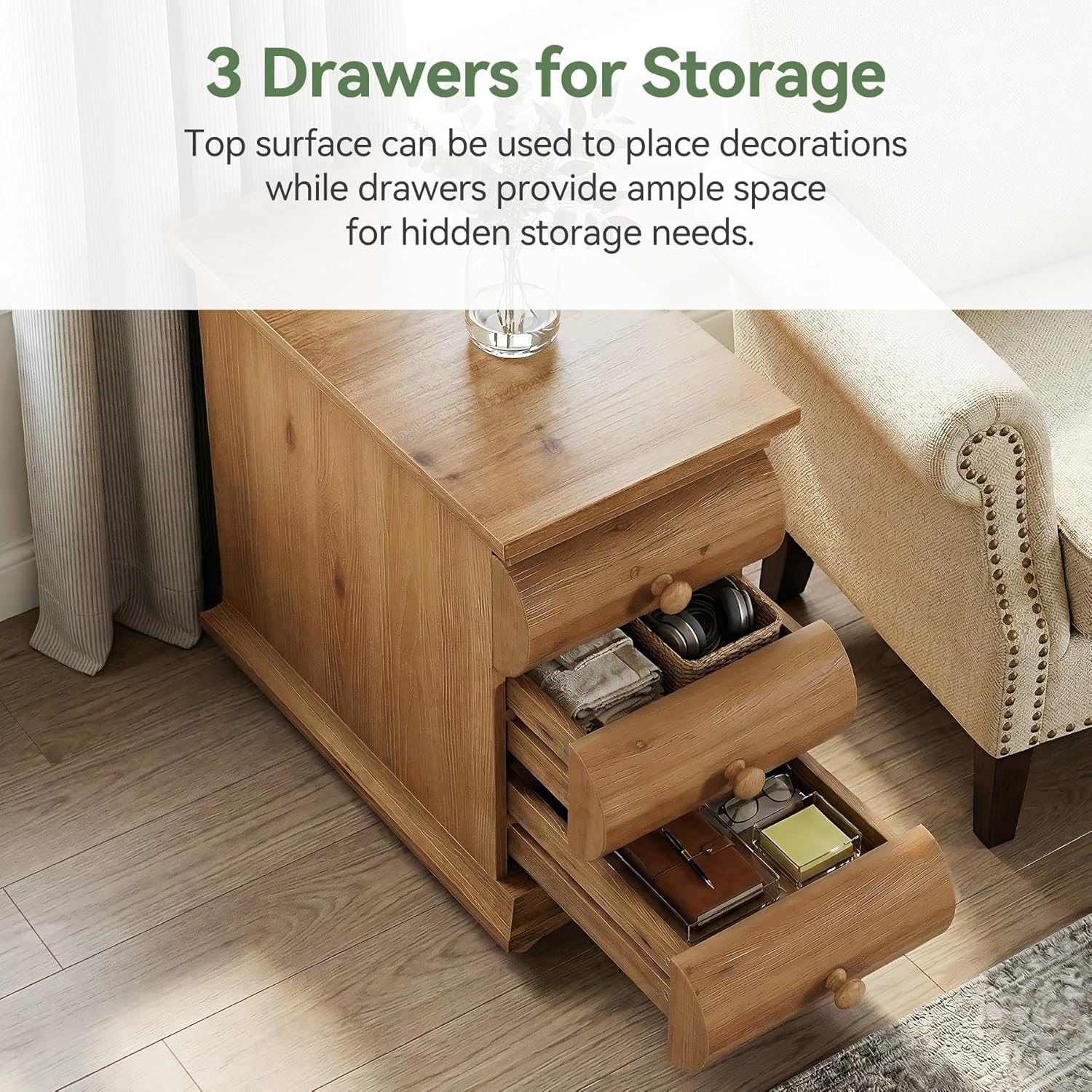 Solid Wood End Table, 3 Drawers Narrow Sofa Side Table with Finished Back, Rustic Slim Nightstand Bedside Table for Bedroom, Living Room, Small Space