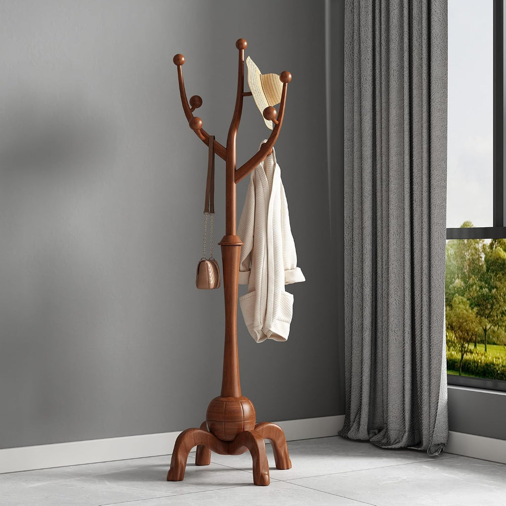 Wood Freestanding Coat Rack with 8 Hooks Coat Tree Standing,Walnut | Wooden Creative Clothes Hanger with Sturdy Sphere Base and Tree Branch Hooks 160lb Load Capacity for Entryway Hallway Bedroom
