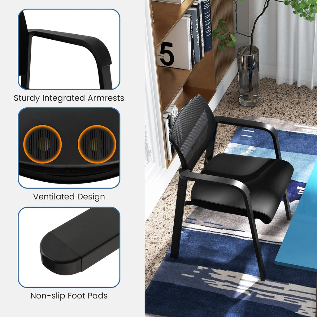 Tangkula Set of 4 Conference Room Chairs, Stackable Office Guest Chairs with Upholstered Seat, Mesh Backrest & Armrests, Waiting Room Chairs for Office, School, Lobby, Black
