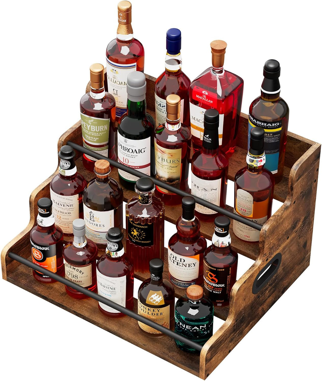 LIVELYGLOW 19.6”W x 15.74" D x 12.5" H Inches Versatile 4-Step Coffee Syrup & Water Bottle Organizer Rack Multi-Functional Retro Display Shelf for Kitchen or Bar, Holds Liquor & Spirits, Wooden