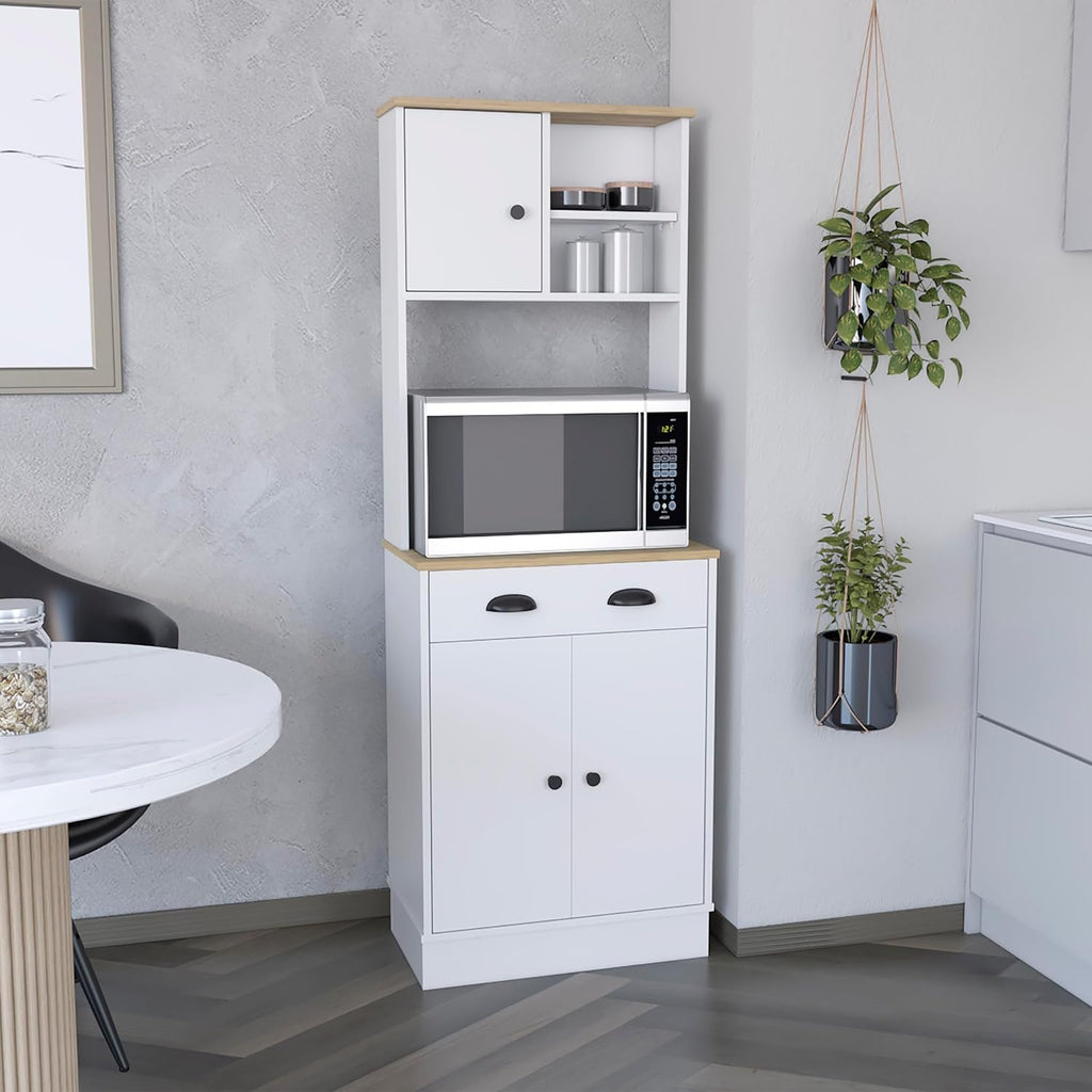 Kitchen Pantry 67" H, Two Cabinets, Three Doors, Two Open Shelves, One Drawer, Microwave Storage Option, White, Macadamia,23.62 * 13.78 * 66.54
