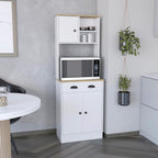Kitchen Pantry 67" H, Two Cabinets, Three Doors, Two Open Shelves, One Drawer, Microwave Storage Option, White, Macadamia,23.62 * 13.78 * 66.54