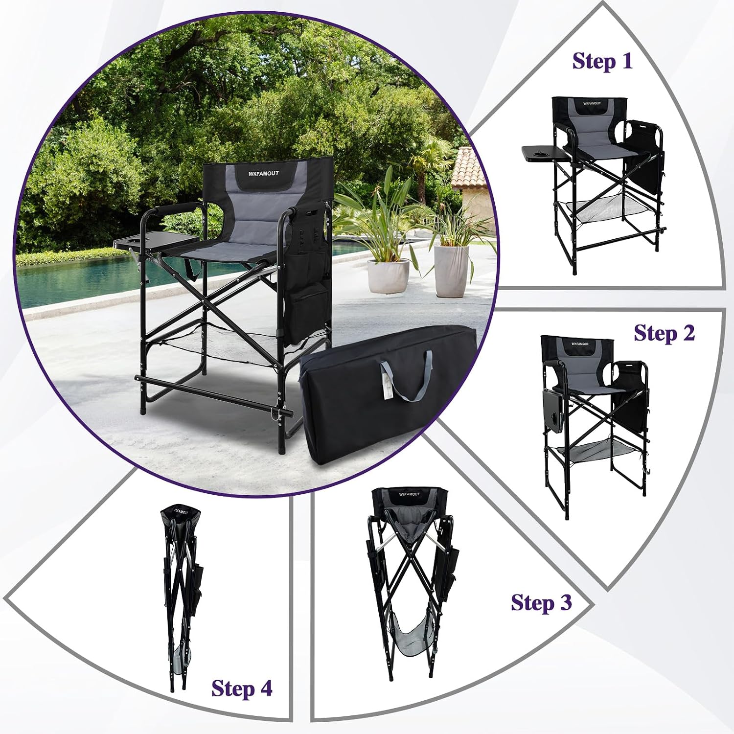 Tall Folding Directors Chair with Side Table 30.71" Seat Height Foldable Camping Chair Bar Stool for Makeup Artist Face Painting with Footrest and Storage Pocket Supports 350LBS