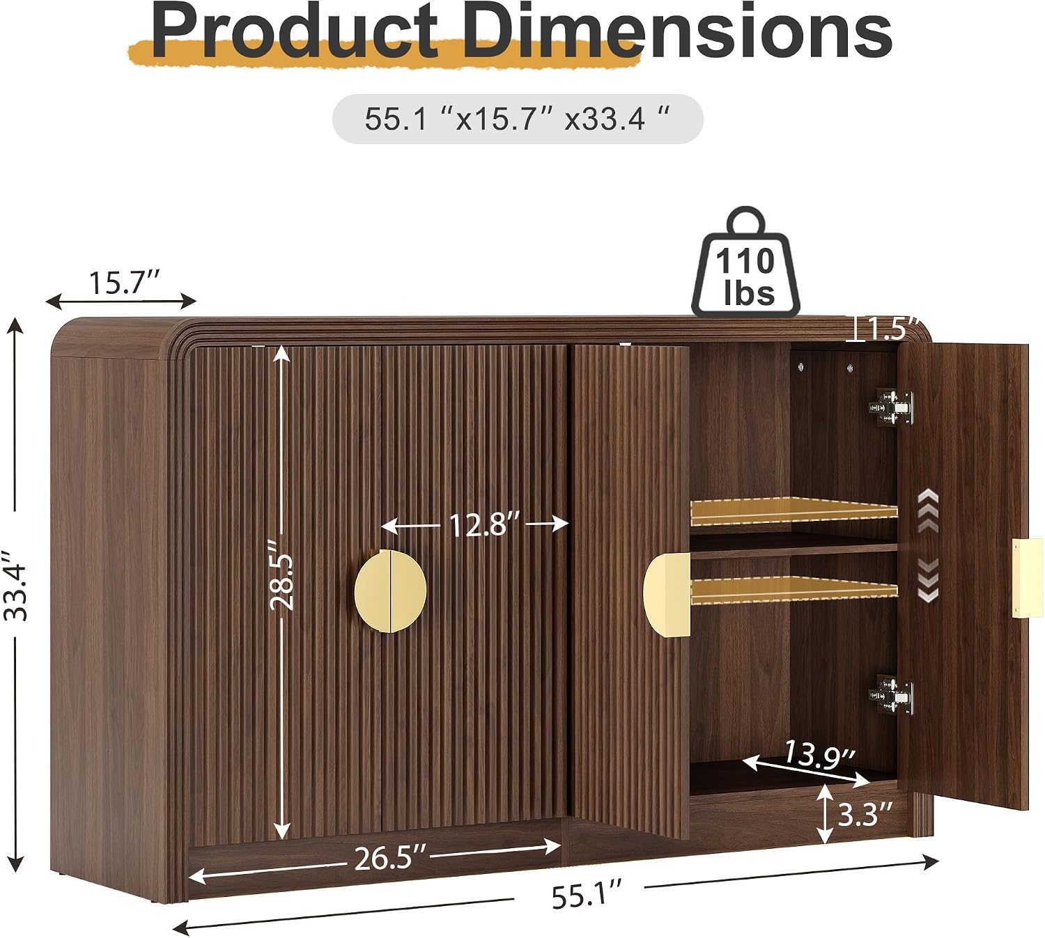 Decofy 55" Fluted Buffet Sideboard Cabinet, Modern Mid Century Console Cabinet with Adjustable Shelves & Wavy Grain Doors for Kitchen Cabinet Storage,Living Room,Entryway,Coffee Bar Cabinet (Walnut)