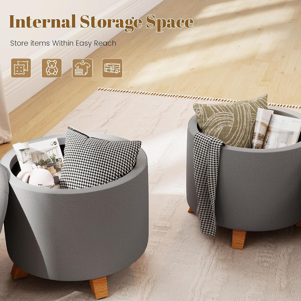 18" Round Storage Ottoman,Tufted Upholstered Foot Stool with Reversible Tray Lid for Living Room Bedroom Office, Gray