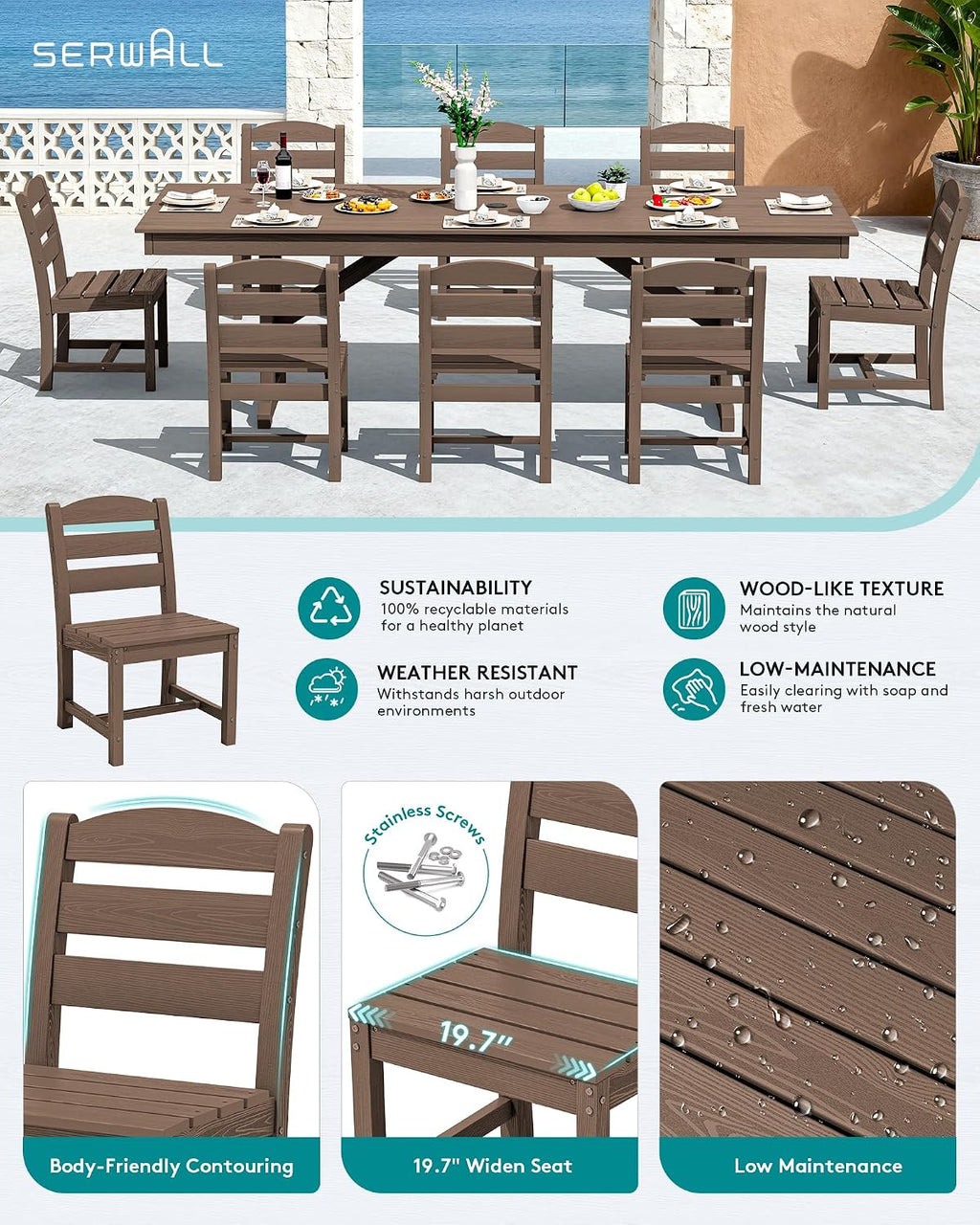 SERWALL Outdoor Armless Dining Chairs Set of 4, All-Weather HDPE Patio Dining Chair with 19.7" Widened Seat, for Backyard, Deck, Lawn and Garden, Brown