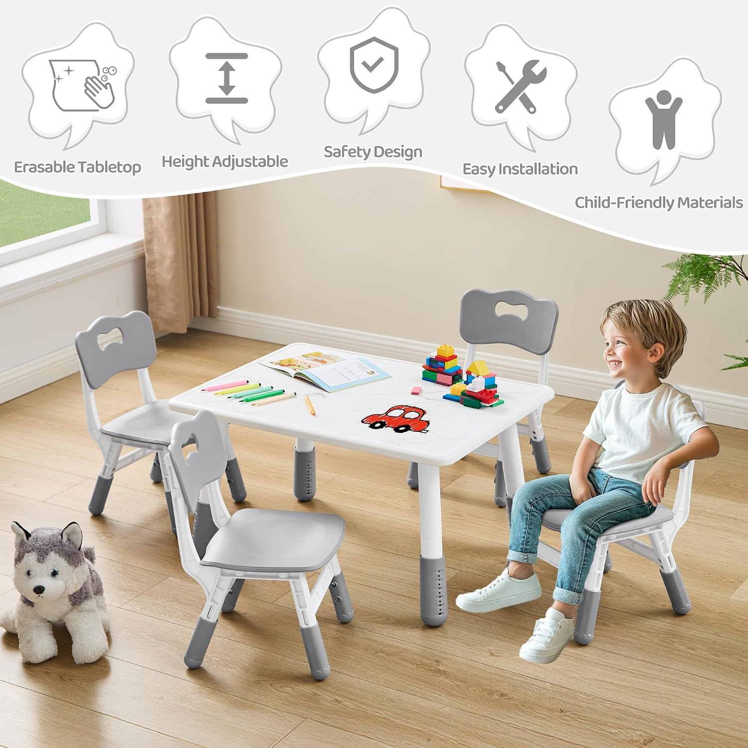 DOREROOM Toddler Table and 4 Chairs Set, Height Adjustable Kids Table and Chair Set, 31.5''L x 23.6''W, Marble Pattern & Graffiti Desktop, Children Multi-Activity Table for Home/Daycare/Classroom