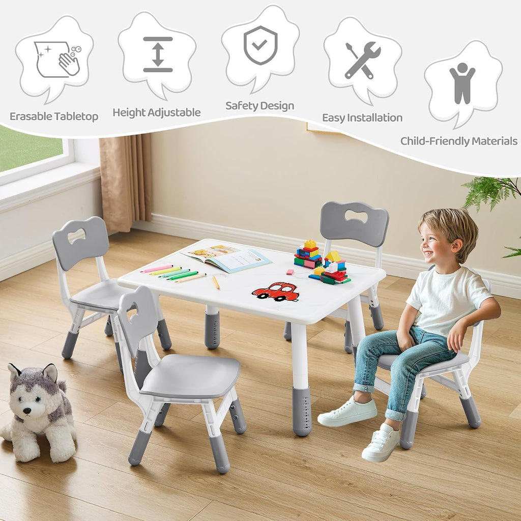 DOREROOM Toddler Table and 4 Chairs Set, Height Adjustable Kids Table and Chair Set, 31.5''L x 23.6''W, Marble Pattern & Graffiti Desktop, Children Multi-Activity Table for Home/Daycare/Classroom