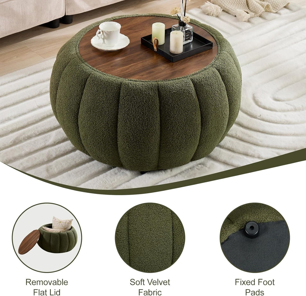 YDcosyfy 30 Inches Round Ottoman Coffee Table with Storage, Upholstered Ottoman in Boucle Teddy Fabric, Wooden Top with Tray, Soft Pumpkin Shape Design,for Living Room, Bedroom, Lounge, Green