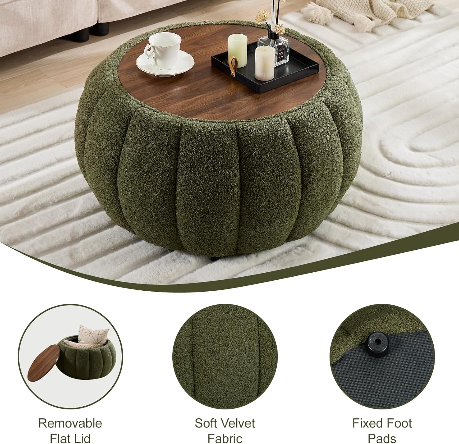 YDcosyfy 30 Inches Round Ottoman Coffee Table with Storage, Upholstered Ottoman in Boucle Teddy Fabric, Wooden Top with Tray, Soft Pumpkin Shape Design,for Living Room, Bedroom, Lounge, Green