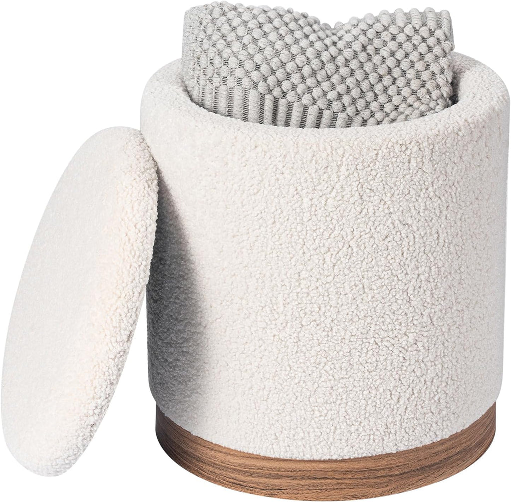 Joveco Round Storage Ottoman with Removable Lid, Boucle Small Upholstered Padded Vanity Foot Rest Stool for Living Room, Bedroom, Dorm, White with Oatmeal Wood Grain Trim