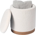 Joveco Round Storage Ottoman with Removable Lid, Boucle Small Upholstered Padded Vanity Foot Rest Stool for Living Room, Bedroom, Dorm, White with Oatmeal Wood Grain Trim
