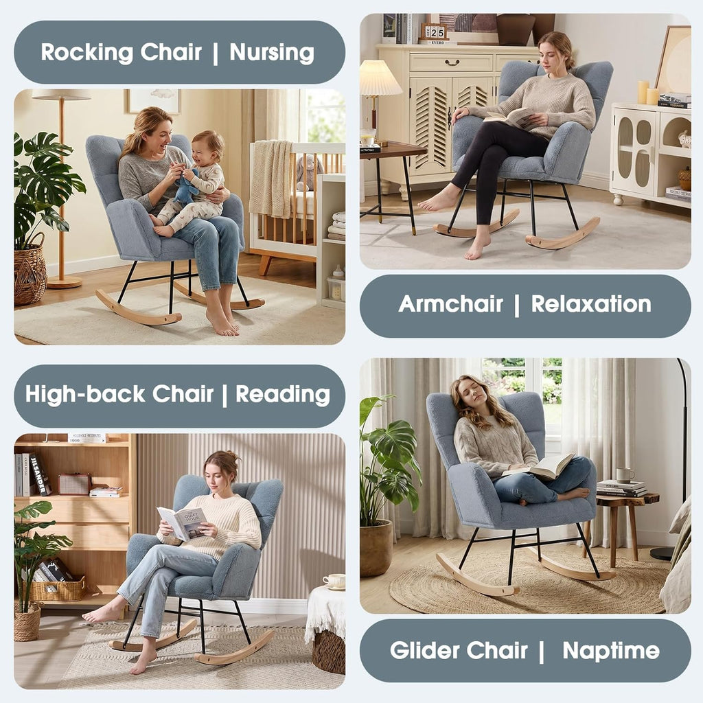 Nursery Rocking Chair, Teddy Upholstered Glider Chair with High Backrest, Tufted Rocker Glider Chair with Thick Cushion, Cozy Rocking Armchair, Rocker Padded Seat for Bedroom(Blue)