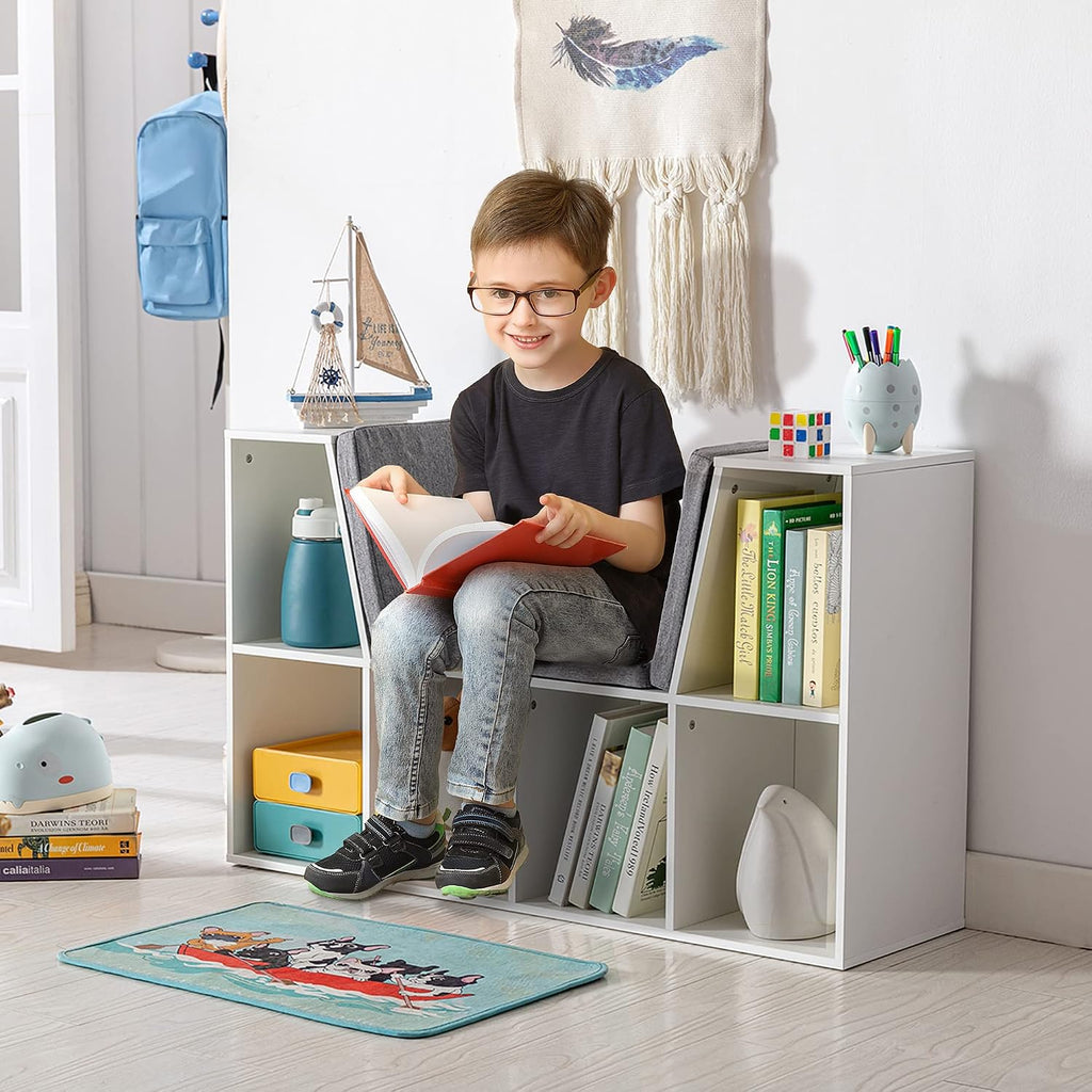6 Cubby Bookcase with Reading Nook and Cushion, Multi Purpose Storage Organizer for Bedroom, Living Room, Pure White