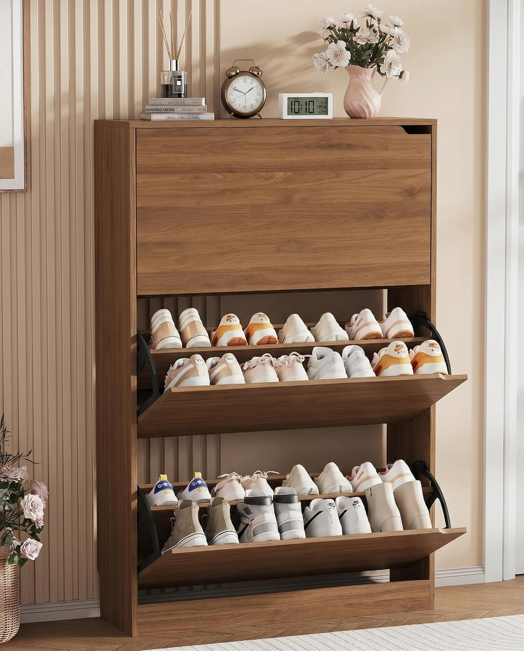 Shoe Storage Cabinet, Wood Shoe Organizer for Entryway with 3 Flip Drawers, Freestanding Shoe Rack with Adjustable Shelf, Narrow Shoe Dresser for Front Door Entrance (Walnut, Standard 3 Drawers)