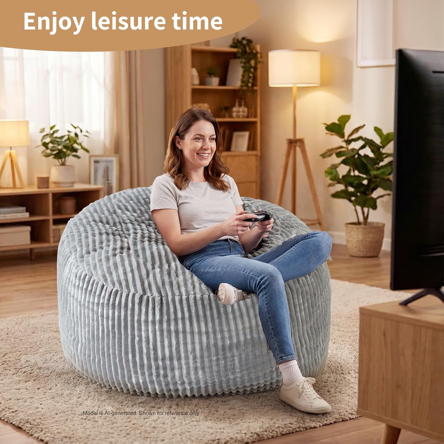 3FT Bean Bag Chairs for Adults, Medium Memory Foam Beanbags with Machine-Washable Wide Stripe Plush Cover Bean Bag Chair for Living Room Bedroom Dorm Office-Ash Grey