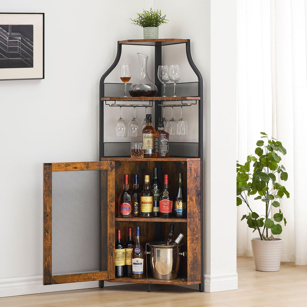 IDEALHOUSE Corner Wine Cabinet with Removable Wine Rack, Industrial Wine Cabinet with Glass Holder and Mesh Door, Liquor Coffe Bar Cabinet with Adjustable Shelves, Rustic Brown