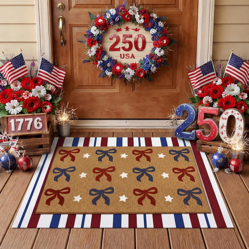 Tinideya 2 Pcs Independence Day Door Mat Patriotic Welcome Non Slip Coir Mats 4th of July Bow Star Floor Layering Doormats Seasonal for Front Porch Entryway Decor(Bow)