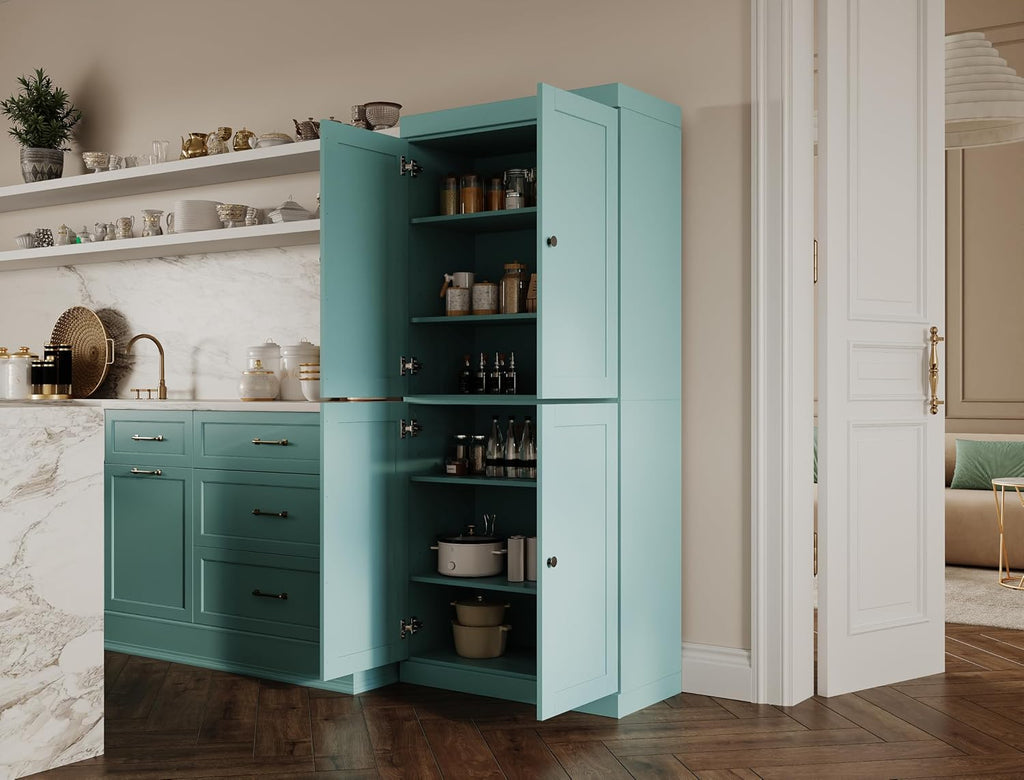 Palace Imports Solid Wood Kitchen Pantry Cabinet - 71.5" Tall x 32" Wide - Wooden Storage Cabinet with 4 Shaker Doors & 4 Adjustable Shelves, Aqua, 100% Renewable Eco-Friendly Wood, Made in Brazil