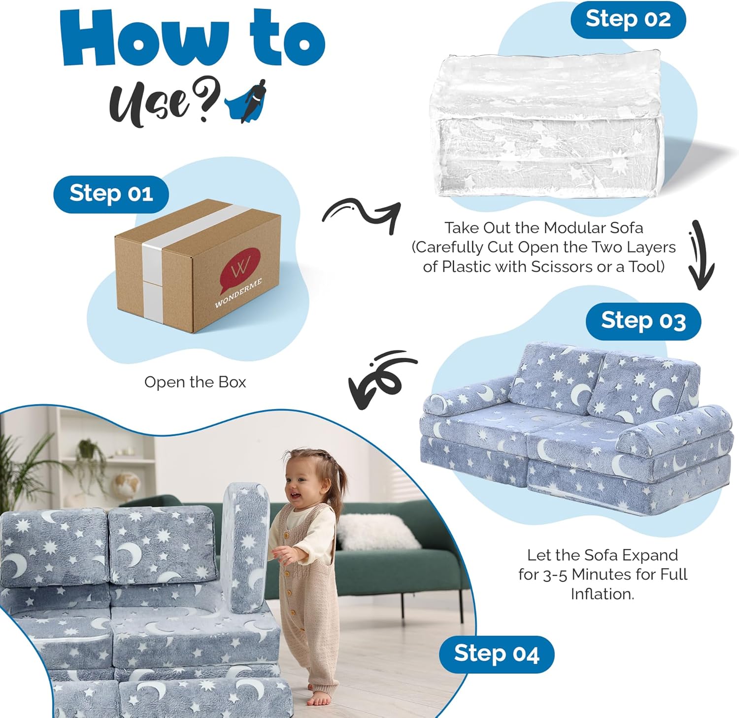 WONDERME 2-Seater Modular Kids Play Couch – 10pc Glow in the Dark Creative Kids Couch for Playroom, Living Room, and Bedroom Fortplay – Convertible Foam and Floor Cushion for Ages 1 to 10