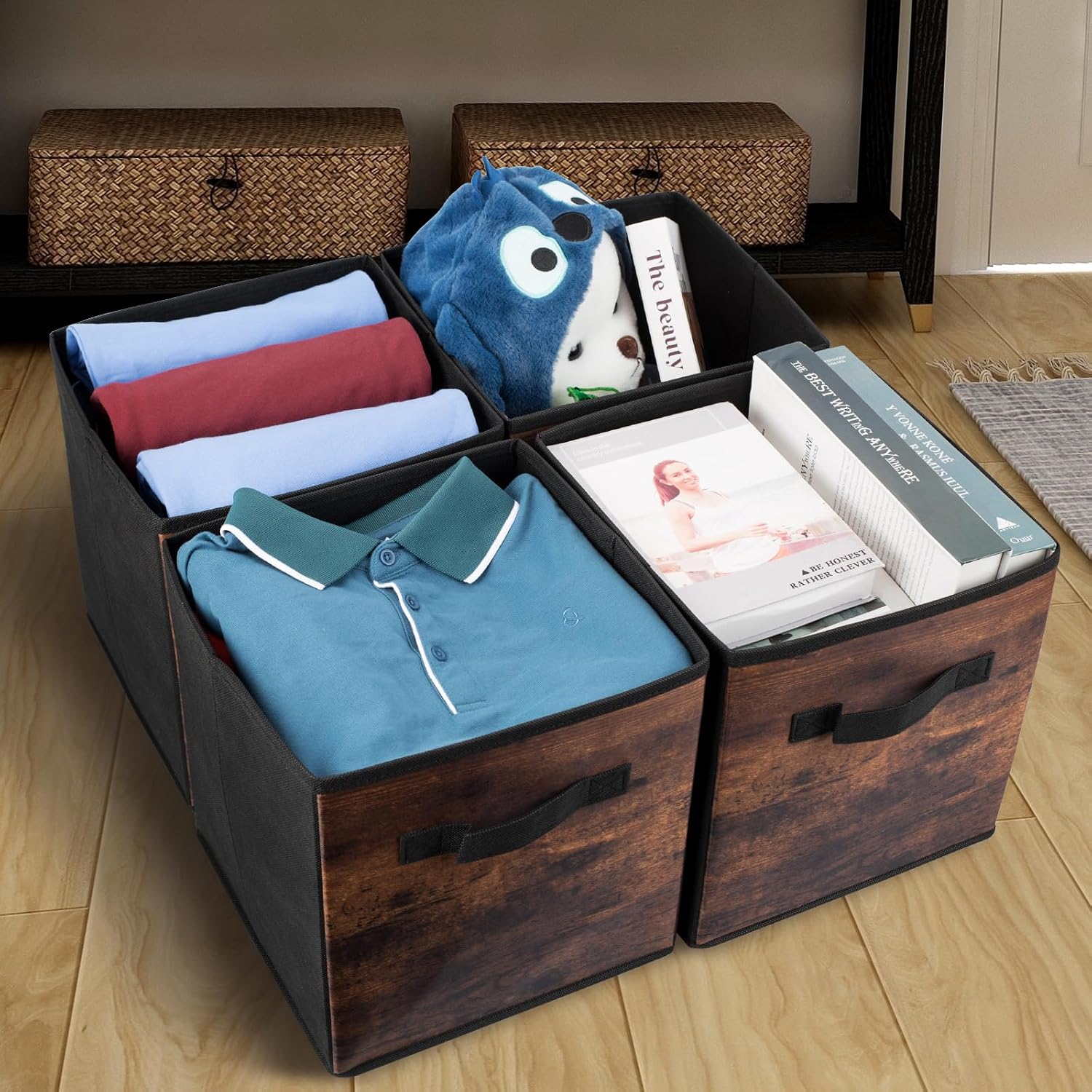 EWES 11 Inch Fabric Storage Cubes, 8 Pack Foldable Storage Bins with Handle, Storage Baskets Box for Shelves, Closet, Organizer, Rustic Brown and Black